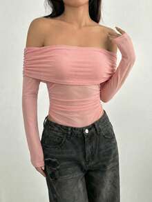 SHEIN EZwear 女士休闲纯色荷叶边露肩长袖网纱连体衣，浅粉色，春夏款 - 淺粉色 - 查看 6