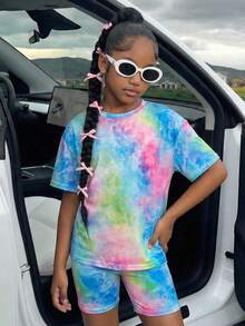Conjunto informal de 2 piezas de camiseta holgada con efecto tie-dye y leggings para niñas preadolescentes, estilo callejero de uso diario - Multicolor - Ver 8