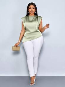 SOLERSUN Áo kiểu dáng cỡ lớn, màu trơn, chất liệu satin, có xếp ly và đệm vai, vạt áo bất đối xứng, xẻ tà có khóa kéo, eo ôm sát và thiết kế không tay. Thích hợp cho mặc thường ngày, đi làm, tụ họp, và mùa tựu trường. - màu xanh lá - Xem 6