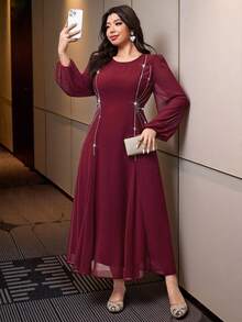 Modelyn 大码水钻装饰优雅圆领长袖连衣裙 - 酒紅色 - 查看 4