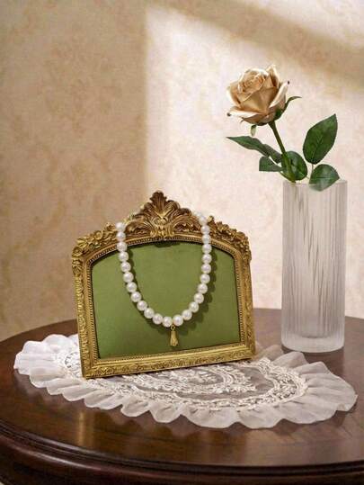 Cirelle French Vintage Ring & Jewelry Display Stand – Gold Embossed Metal Frame With Velvet Backing, Elegant Pearl Earring Tray For Wedding, Party & Photo Props