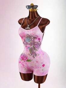 Amplova Women's Cross Rhinestone & Floral Print Camisole Backless Bodycon Romper - Pink - View 3