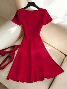 SHEIN Franclia 女士纯色蝴蝶结装饰优雅约会派对迷你连衣裙 - 紅色 - 查看 2