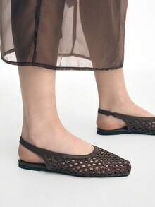 Mnmlis 女士新款时尚编织镂空平底方头套脚鞋 - 棕色 - 查看 9