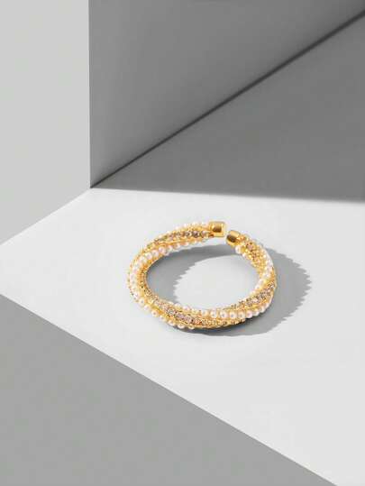 MOTF PREMIUM Nhẫn đơn giản màu trắng, mạ vàng 18k, đính ngọc trai giả.