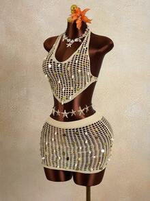 Swim Vcay 2026 New Arrival Women's 2-Piece Bikini Set, Fashionable Hollow-Out Streetwear For Music Festival, Beach Party, Casual Dress, Sexy Crochet Knit Crop Top And Mini Skirt Set - Khaki - View 5