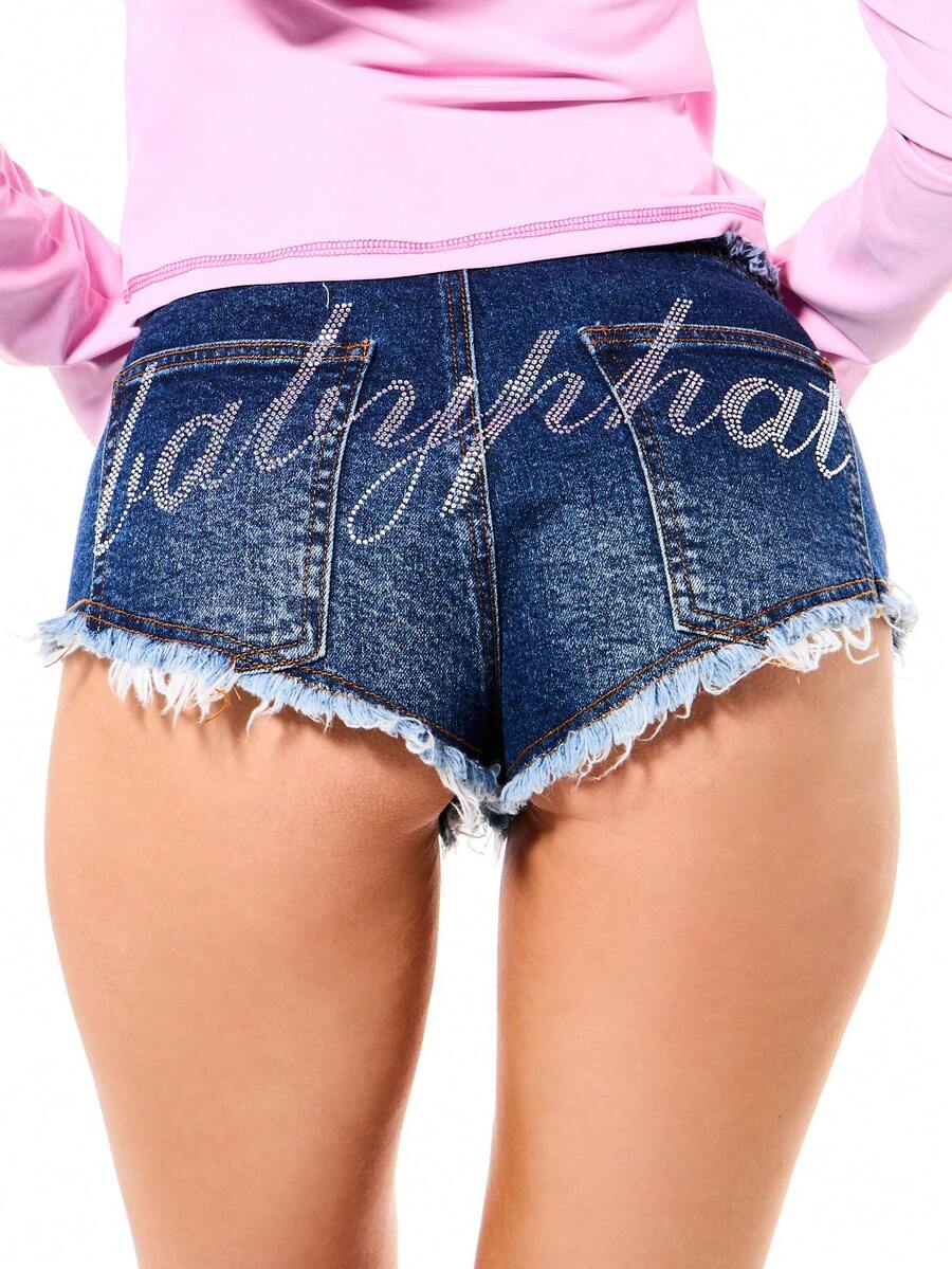 BABYPHAT Quần short denim siêu ngắn dành cho nữ, đính đá lấp lánh, gấu quần rách tua rua, thích hợp cho mùa hè, lễ hội và câu lạc bộ. - Màu xanh lam - Xem 1