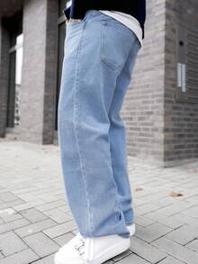 Artur Kramer 寬鬆版型男士棉質牛仔褲，斜口口袋喇叭口長褲冲浪滑板褲貨運褲平口淺藍色休閒日出遊Y2K風格喜劇之友 - 淺色水洗藍 - 查看 6