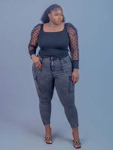 CurvyTilda 大碼拼接波點網紗羊腿袖方領上衣 - 黑色 - 查看 2