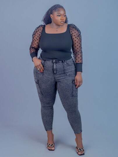 CurvyTilda 大碼拼接波點網紗羊腿袖方領上衣