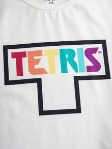 Tetris™ X SHEIN طقم بيجامة بأعلى كم قصير وبنطلون مطبوع بحروف ملونة مناسب للفتيات المراهقات، مناسب للربيع والصيف والخريف - أبيض وأسود - مشاهدة 4