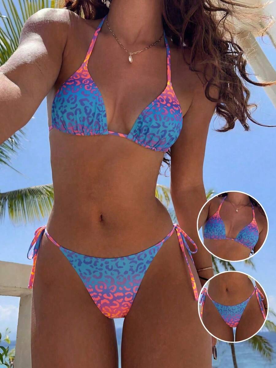 Swim Vcay 2026春夏新款女士吊带霓虹豹纹露背系带高衩比基尼套装 - 彩色 - 查看 1