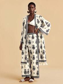 Travachic Women's Beach Vacation Floral Print Drawstring Waist Loose Wide Leg Cover Up & Pants Set - Multicolor - View 3