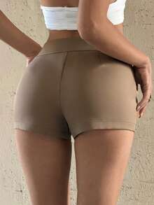 Bluhae Stylish Khaki Mini Shorts For Women Casual Woven Fabric Plain Design With Decorative Buckles - Khaki - View 2