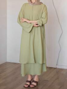 女士优雅纯色半身裙睡袍两件套，春夏女士休闲套装 - 綠色 - 查看 5