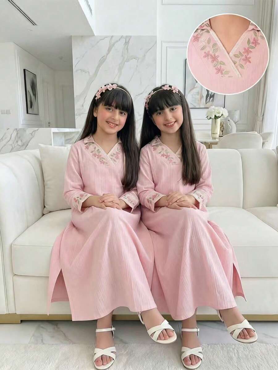 Tween Girl Pink Floral Embroidered Abaya Jalabiya Robe,Autumn Elegant Long Sleeve Robe Gown,Holiday Traditional Arabic Outfit For Family Gatherings - Multicolor - View 1
