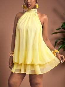 Truni 大码女士雪纺优雅奶油黄露背系带迷你连衣裙，约会之夜连衣裙，夜间外出连衣裙，夏季连衣裙，蜜月套装，婚礼宾客连衣裙，海岛度假连衣裙，婚礼宾客连衣裙，太阳裙，优雅派对连衣裙，生日连衣裙，柠檬黄束腰连衣裙，黄色沙滩装，沙滩度假套装，大码短款黄色连衣裙，层叠荷叶边连衣裙，吊带迷你连衣裙，爱与柠檬水连衣裙，飘逸短款吊带连衣裙，适合梨形和三角形身材 - 黃色 - 查看 3