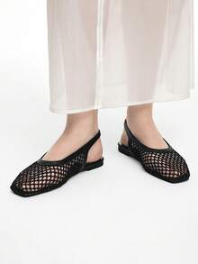 Mnmlis Zapatos planos de mujer con punta cuadrada, de moda, tejidos y sin cordones - Negro 1 - Ver 12