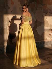 Aureia Plus Size Elegant Romantic Off-Shoulder Light Yellow Sweetheart Neckline Luxury Beaded Patchwork Wedding Dress, Short Front Long Back A-Line Silhouette, Suitable For Wedding, Party, Celebration, Formal Ball Gown Off Shoulder Formal Dress Yellow Wedding Guest Dress Yellow Cocktail Dress - Yellow - View 5