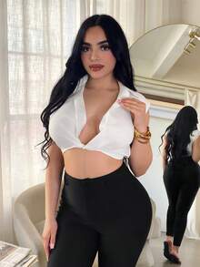 SHEIN SXY Women's Cropped Twist Design White Sexy Blouse, Sexy White Top, White Crop Top, Low Cut Top, Plunging Neckline Top, Sexy Blouses,White Blouse,Work Outfits For Women ,Office Attire For Women ,Summer Top - White - View 7