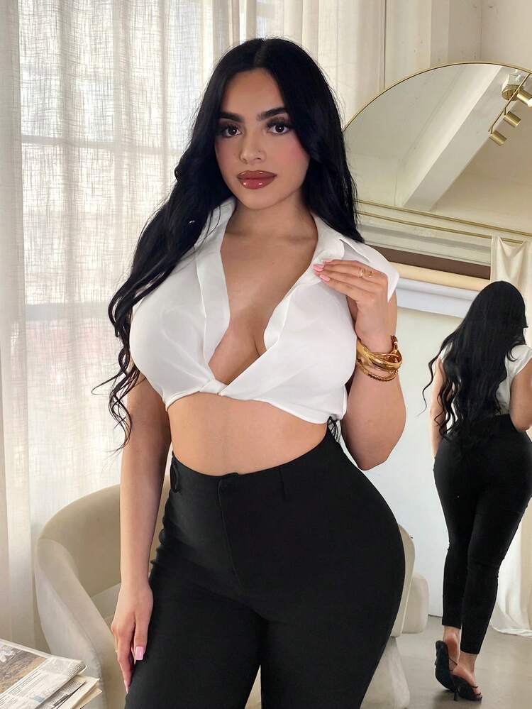 SHEIN SXY 女士露脐扭结设计白色性感上衣 - 白色 - 查看 6