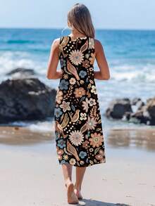 Sylviya 波西米亚风女士休闲花卉动物印花中长连衣裙，适合春夏穿着，花卉中长连衣裙，鸟类印花连衣裙，花卉印花中长连衣裙，夏季中长连衣裙，野花连衣裙，女士休闲连衣裙，时尚连衣裙，休闲 - 彩色 - 查看 2