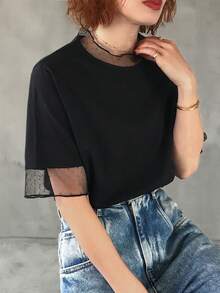 FRIFUL 女款春夏純色透視網紗寬鬆休閒百搭T恤 - 黑色 - 查看 6