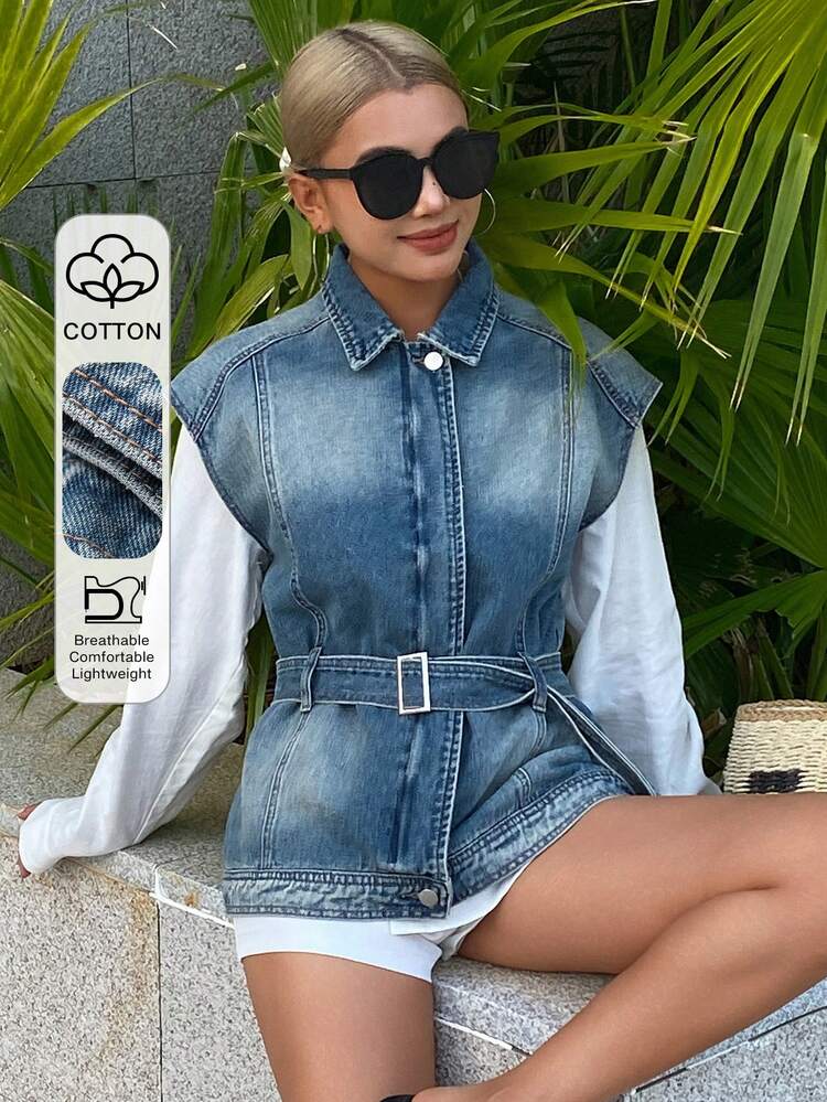 Women's Square Neck Sleeveless Belted Loose Denim Vest, Casual Denim Top