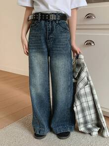 Dazy Kids Quần jeans ống rộng có túi, dáng suông, đa năng dành cho bé gái tuổi teen. - Màu xanh lam - Xem 6
