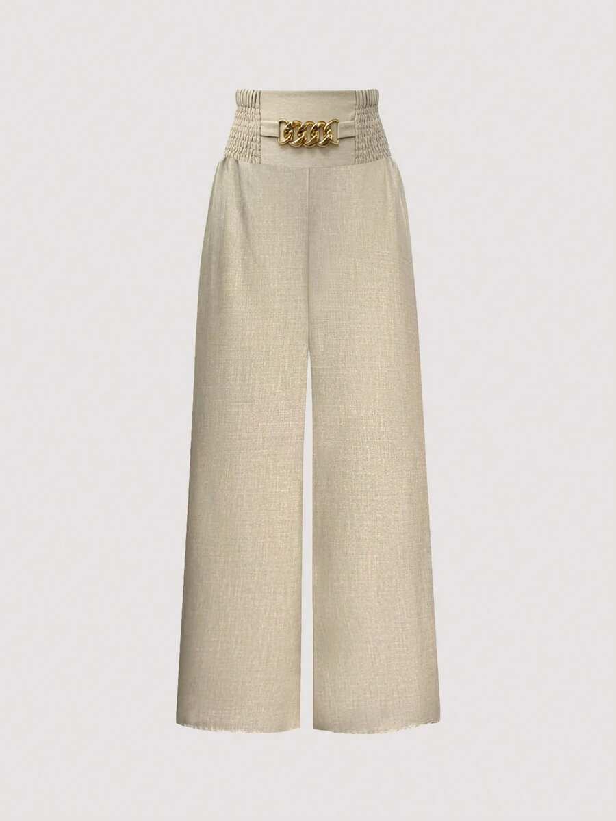 Olithes 女士休闲金属链条宽松阔腿裤，亚麻卡其色长裤，秋季款 - 杏色 - 查看 1