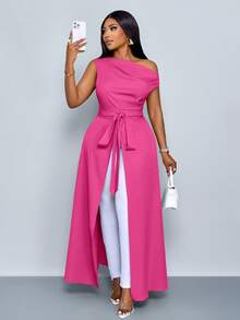 SOLERSUN Damen Große Größen Bluse mit asymmetrischem Ausschnitt, Schlitz-Oberschenkel, Bindeband Vorderseite, Einschulter Shirts - Rosenrot - Übersicht 3