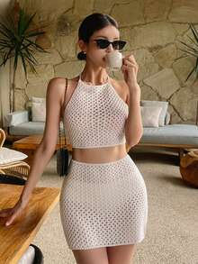 DAZY Women's Vacation Beach Hollow Out Knit Halter Neck Top And Skirt 2 Pieces Set - White - View 4