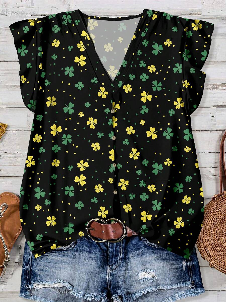 SHEIN LUNE Kemeja Kasual Wanita Motif Daun Semanggi, Cocok untuk Musim Panas dan Hari St. Patrick - MultiWarna - View 1