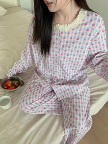 Dazy Plus Plus Size 2pcs/Set Cute Heart Floral Print Casual Contrast Lace Round Neck Loose Long Sleeve Top And Long Pants Pajama Set, Spring/Autumn - Blue - View 2