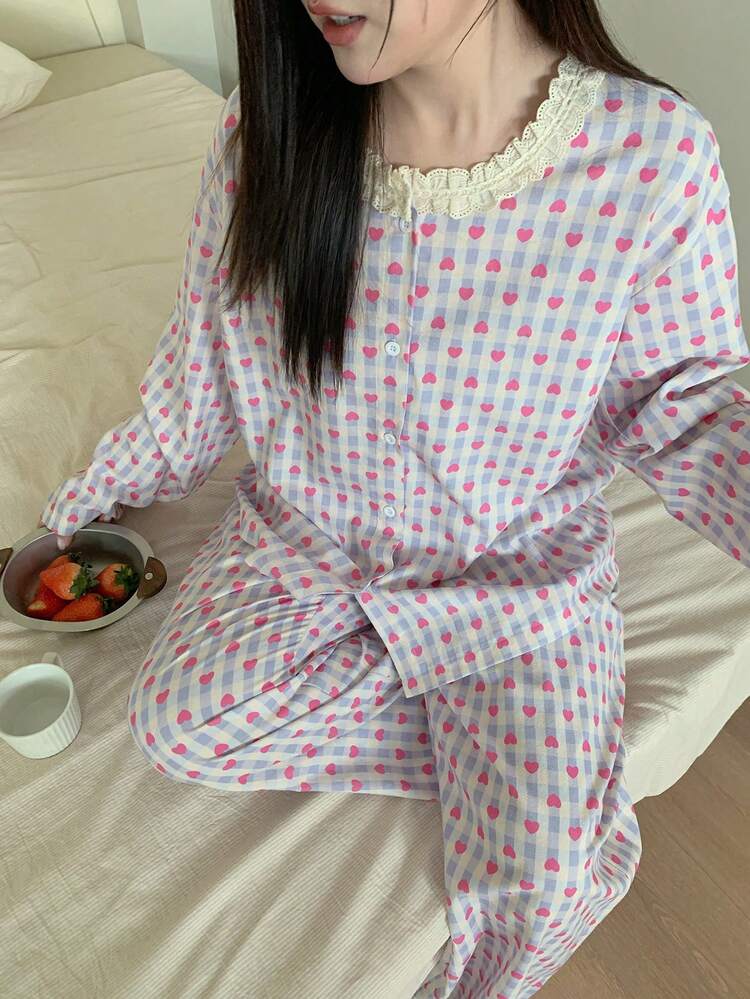 Dazy Plus 2pcs/Set Cute Heart Floral Print Casual Patchwork Lace Round Neck Loose Long Sleeve Top And Long Pants Pajama Set, Spring/Autumn