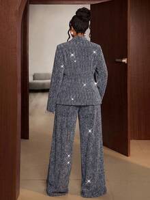 Maweii Bộ đồ cỡ lớn phong cách cổ điển lãng mạn thanh lịch đính sequin gồm áo khoác và quần hai hàng cúc, gồm 2 món. - Bạc - Xem 2
