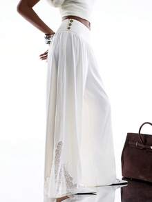 LYSMO 2026新款极简主义春夏女裤，侧边蕾丝拼接，镂空透视设计，休闲浪漫度假风，沙滩装。度假/波西米亚/性感 - 杏色 - 查看 6