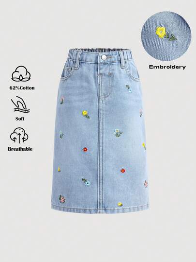 Falda vaquera suelta con bordado floral colorido para niña, uso casual de primavera y verano para vacaciones, estilo campestre bohemio, shorts medios para playa, vestimenta urbana occidental para niña, vacaciones de primavera, falda vaquera para festivales rave, falda suelta para niña