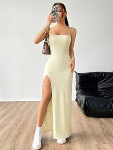 SHEIN EZwear Vestido sin mangas con abertura alta en color albaricoque, para primavera/verano - Albaricoque - Ver 3