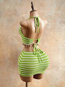 Mistrie Conjunto de 2 piezas con top halter con ribete de concha a rayas y minifalda para mujer - Verde - Ver 2