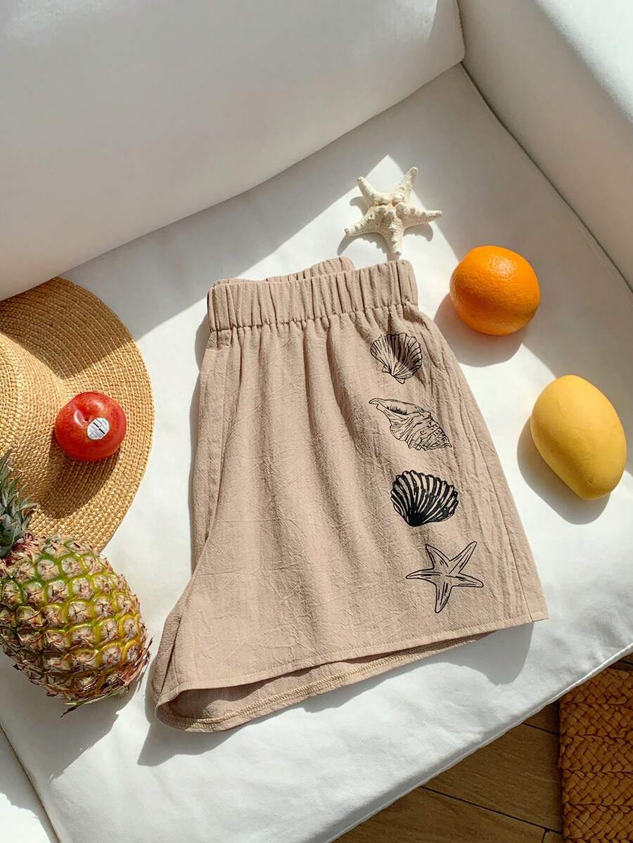 Comfortcana Quần short nữ Camel cạp chun, họa tiết vỏ sò, kiểu dáng thường ngày, đa năng cho mùa hè. - Lạc đà - Xem 1