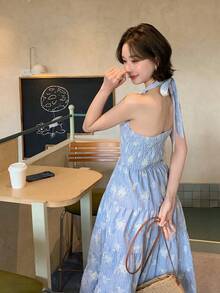 DAZY 女士吊带条纹花卉刺绣图案休闲度假约会连衣裙 - 藍色 - 查看 2