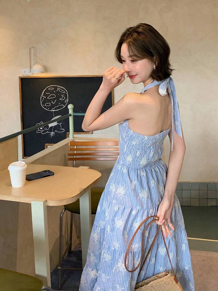 Women's Halter Tie Striped Floral Embroidery Pattern Casual Vacation Date Dress Sundress Summer