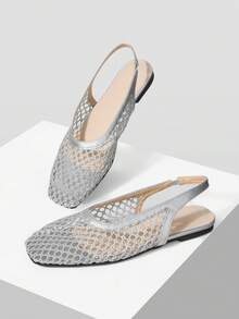 Mnmlis Women's New Fashion Woven Hollow Slip-On Flat Square Toe Loafers - Silver - View 6