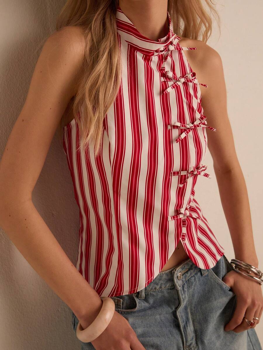Easelle Red And White Striped,Summer,Elegant,Vacation Red Striped Woven Blouse With Bow Tie, Backless Halter Neck Blouse For Women Y2k Country Concert Festival - Red - View 1