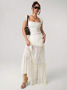 SHEIN ICON 低腰超大喇叭蕾丝拼接裙 - 白色 - 查看 4