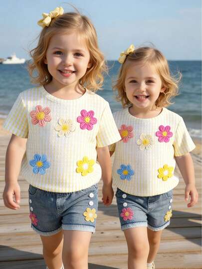 Spring And Summer 2-Piece Outfit For Baby Girls, Featuring Colorful Floral Pattern, Textured Design, Casual Cycling Shorts And Comfortable T-Shirt, Suitable For Everyday Wear And Outdoor Activities