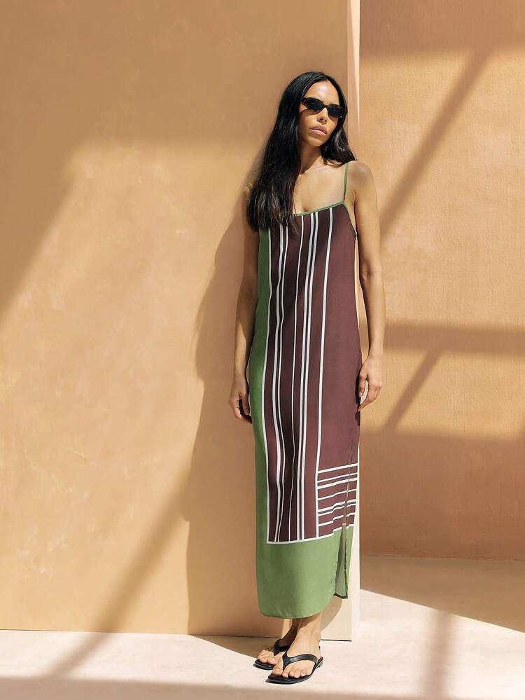 KSTM Women's Square Neckline Maxi Dress Vertical Stripe Pattern Color Block Design Adjustable Spaghetti Straps Loose Fit Summer Sleeveless Long Dress Casual Day Wear