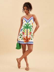 Travachic Tropical Print Spaghetti Strap Mini Vacation Dress - Multicolor - View 7