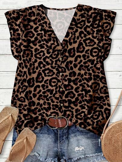 Rusticease Camisa casual de mujer con estampado de leopardo, adecuada para el verano